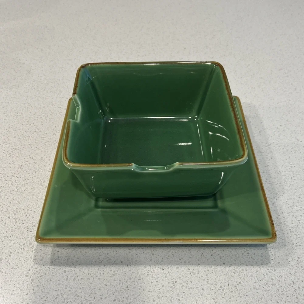 Set Of 2 Pottery Barn Asian 6 inch Square Green Noodle Soup Bowls And plate